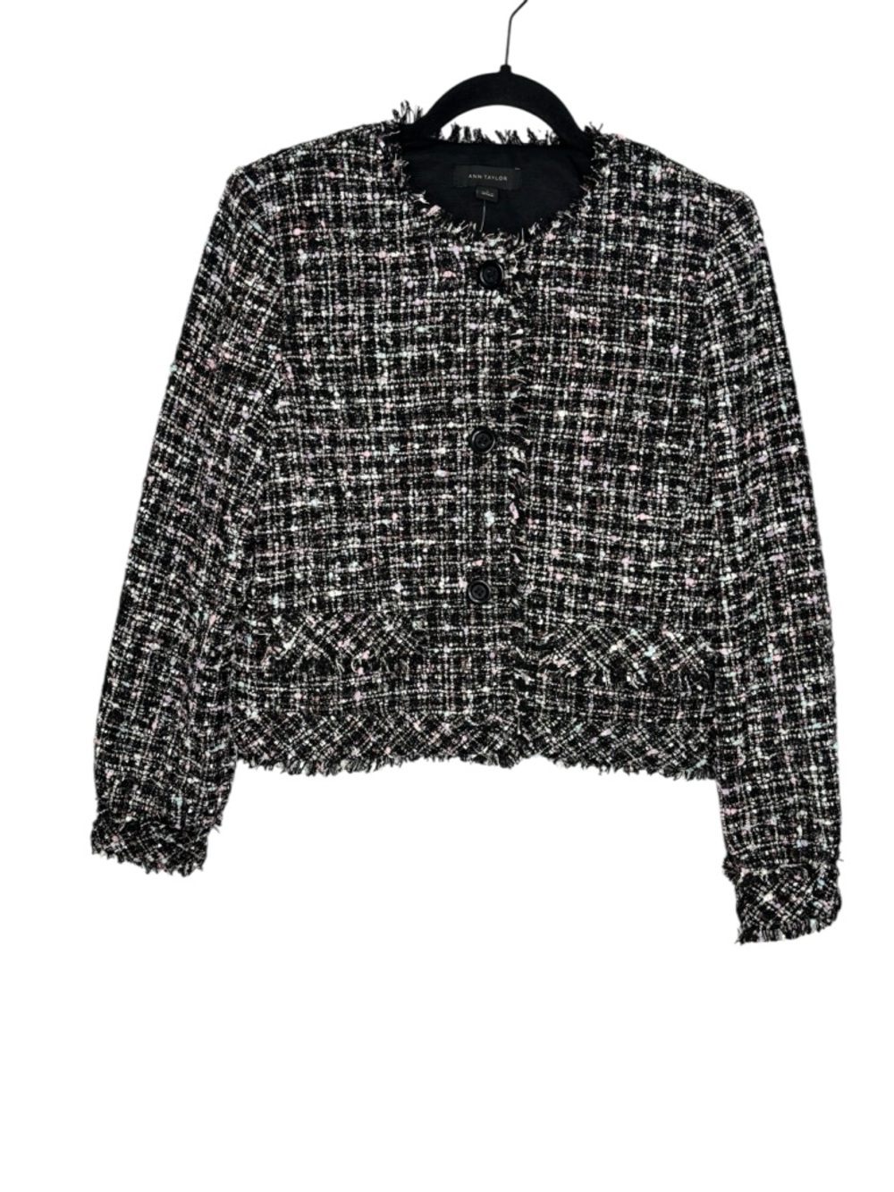 NEW Ann Taylor Tweed Blazer White Black Link Fringe Preppy Academia Size Small